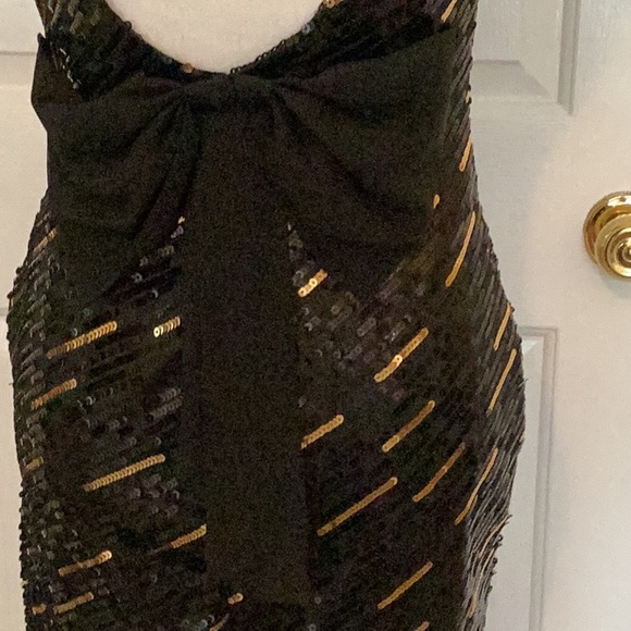 Jodi Kristopher Black & Gold Sequin Dress w/ Low Back w/ Large Black Bow - Picture 3 of 11
